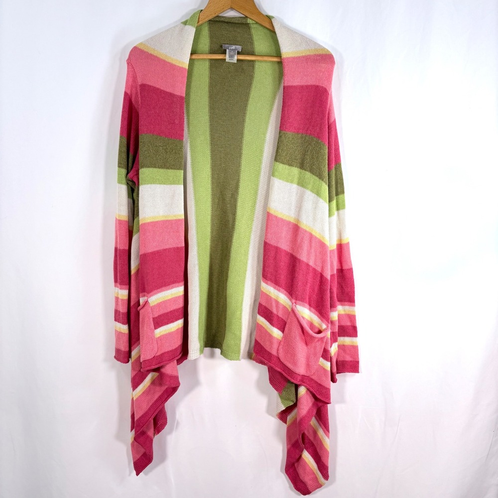 J. Jill Cardigan Sweater Pink Green Striped Draped Open‎ Front Cotton Blend M